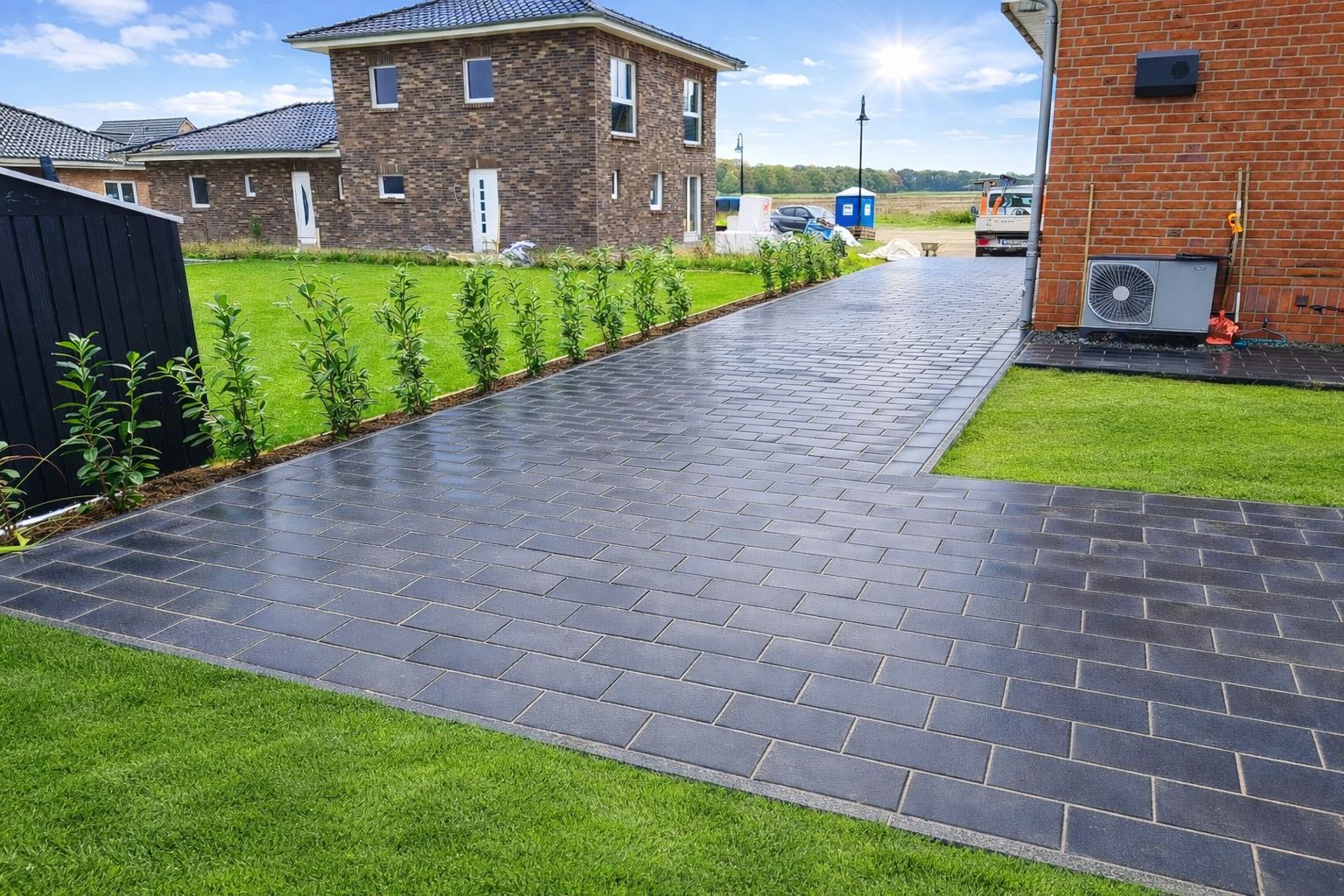 Wohnsiedlung Pflasterarbeiten mit grünem Rasen und Bepflanzung